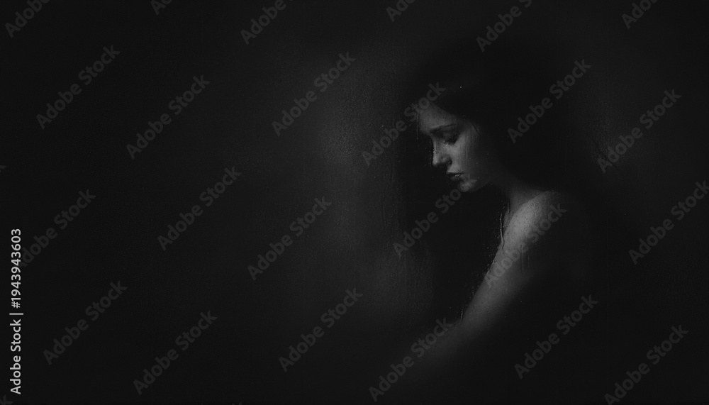 Obraz premium Portrait of a woman in darkness conveying depression, isolation and quiet sorrow, a faces of depression concept in moody black and white