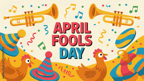 Vibrant april fools' day celebration with chickens party hats and trumpets