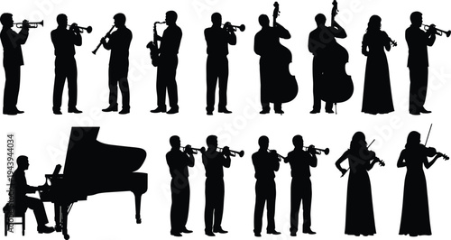Jazz band silhouettes performing live music, musicians playing trumpet saxophone double bass piano violin, elegant ensemble concert performance group