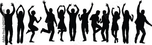 Joyful diverse group of men and women jumping celebrating with raised arms, happy crowd silhouettes, black vector illustration for party success energy