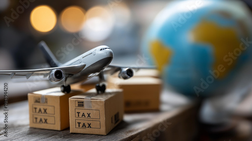 Miniature airplane model resting on stacked tax document containers representing global commerce and the role of taxation in international trade, defocused background, with copy