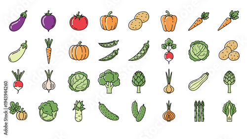 Large set of colorful vegetable icons including eggplant tomato pumpkin carrot broccoli and peppers in a clean line art style.