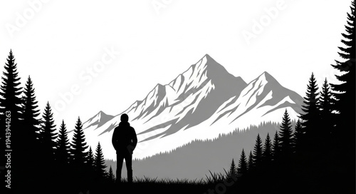 Man looking at mountain landscape.
