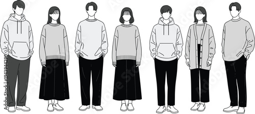 Line art diverse young people casual winter outfits hoodies sweaters cardigans long skirts pants minimalist fashion vector illustration standing figures.