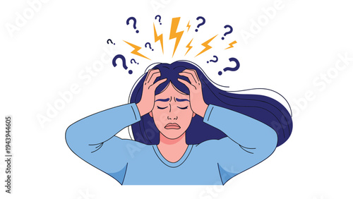 Stressed woman holding her head with a headache or overwhelmed feeling surrounded by question marks and lightning symbols.