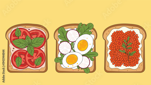 Trio of healthy breakfast toasts featuring tomato and basil egg and radish and red caviar toppings on whole grain bread.