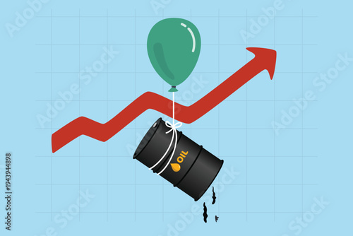 Fuel oil price rising due to supply shortage impact by war, crude oil market price increase, commodity demand or gasoline crisis upward chart, crude oil gallon fly rising on price graph rising up.