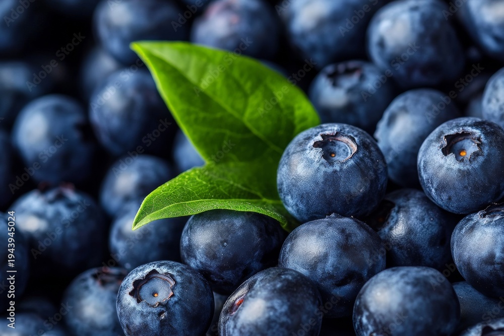 Fototapeta premium Fresh blueberries fill close view for background with a green leaf resting among the dark fruit on a soft surface