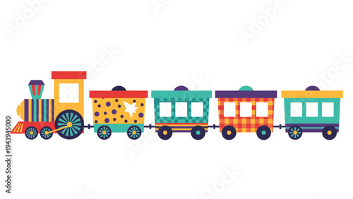 Colorful toy steam locomotive with several passenger cars featuring different patterns and bright colors for children.