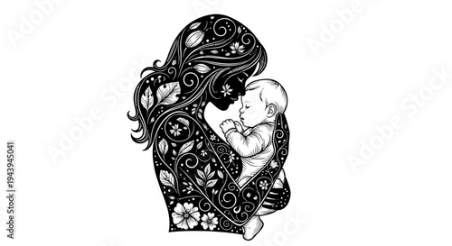 Woman holding a baby close.