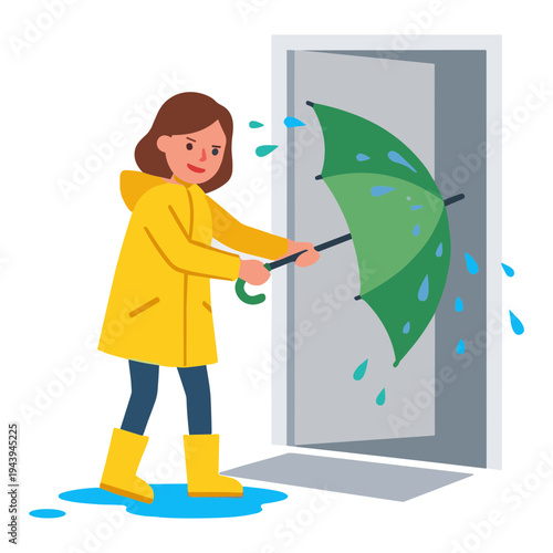Woman holding green umbrella standing in rain puddle outside doorway
