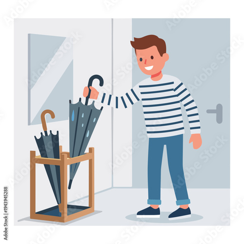 Man picks up umbrella from stand in doorway with smile