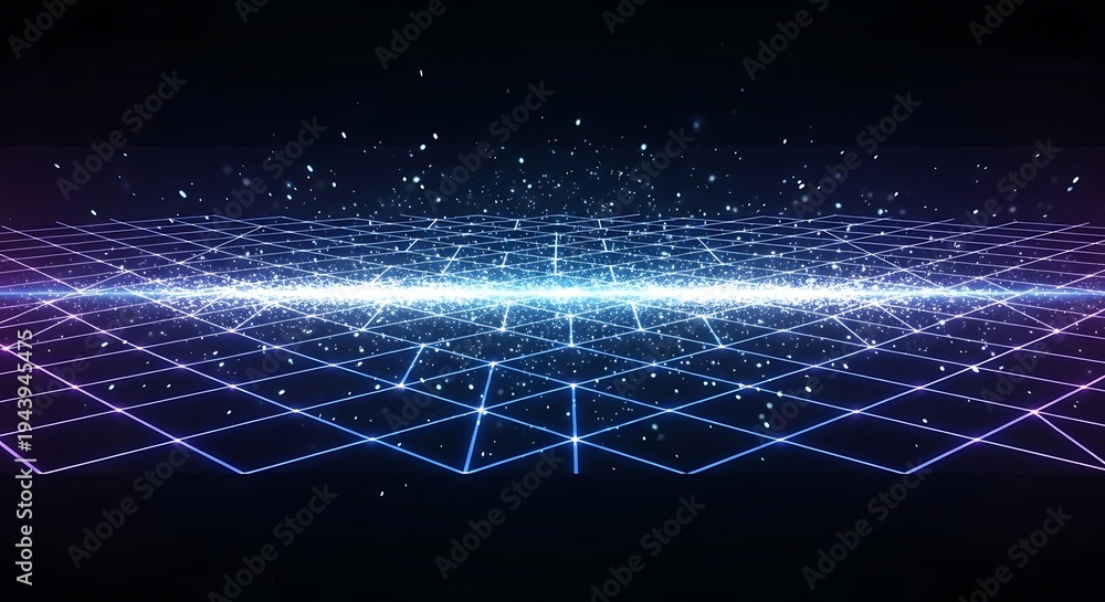 Obraz premium Abstract Digital Network Grid with Glowing Particles and Light Streaks.