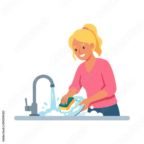 Woman washing plate with sponge in kitchen sink under running water