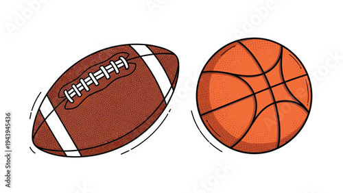 Sports ball set featuring a textured brown American football and an orange basketball with black lines and motion marks.