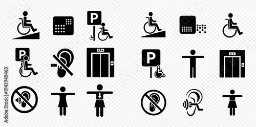 Set of accessibility and public facility icons for disabled people and general use.