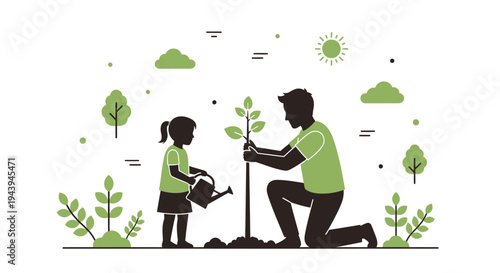 Man and girl planting a tree.