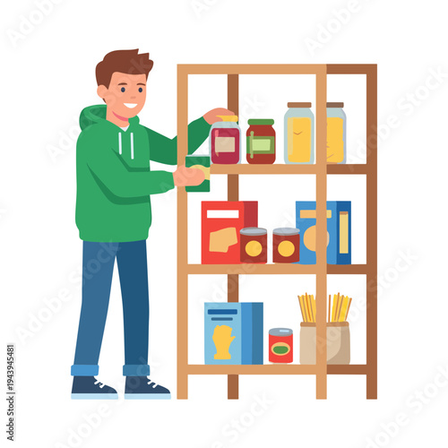 Man arranging food items on a wooden shelf in a kitchen