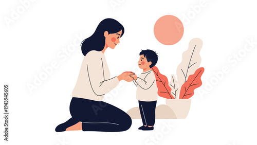 Heartwarming illustration of a mother kneeling down to hold her toddler hands in a loving and supportive gesture.