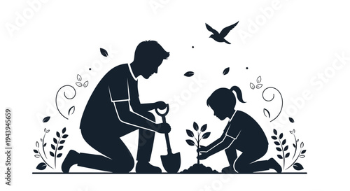 Man and child planting a tree.