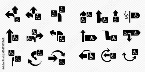 Set of accessible arrow icons for disabled people, indicating various directions and movements, isolated on a transparent background.