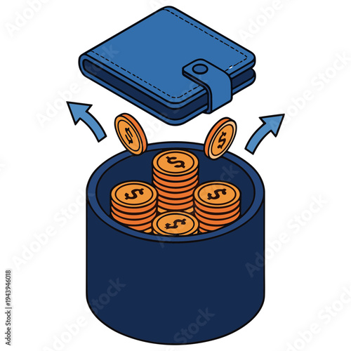 Money flows into a savings jar from a blue wallet with coins.