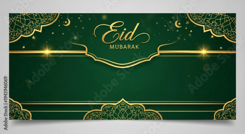 Luxury Eid Mubarak greeting card template featuring gold geometric patterns, crescent moon, and stars on a deep green background.