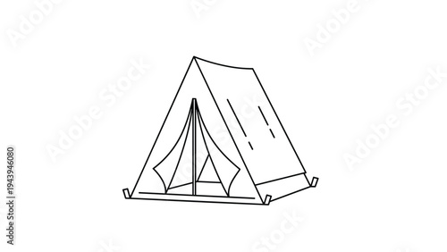 Minimalist line art illustration of a classic A-frame camping tent for outdoor adventure isolated on a clean white background.