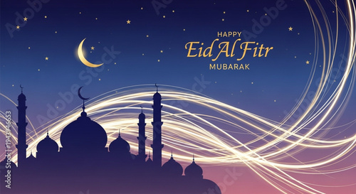 Beautiful Eid Al Fitr celebration background featuring a mosque silhouette under a blue night sky with glowing golden light streaks.