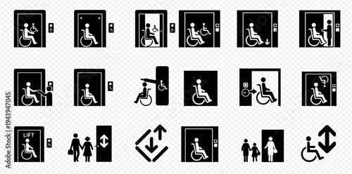 Set of elevator and accessibility icons for people with disabilities, including wheelchair users and accessible entrances.