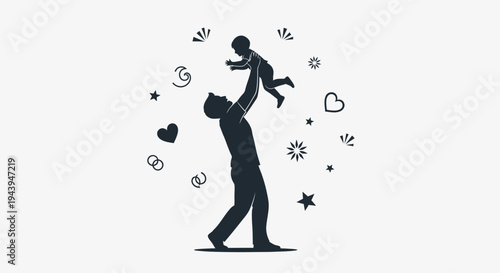 Silhouette of man holding child.