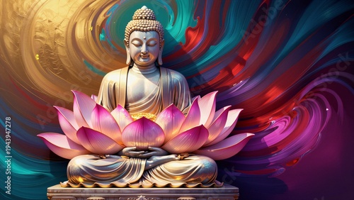 A serene Buddha statue sits cross-legged on a vibrant pink lotus flower against a swirling background of gold, red, and purple hues.