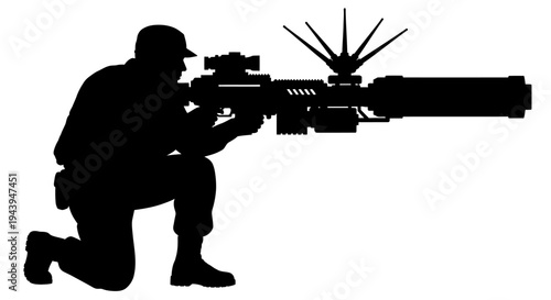 Soldier kneeling and aiming a large rifle