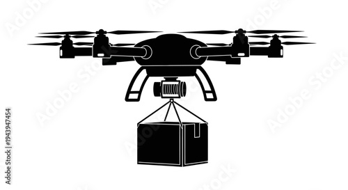 A drone is shown flying with a package