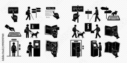 Set of icons depicting accessibility for visually impaired individuals in public spaces.