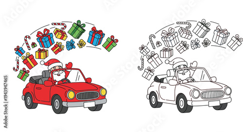 Cartoon Santa Claus driving a red convertible car with flying gifts and candy canes. Includes both color illustration and black and white coloring page outlines.