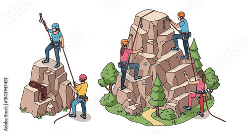 People climbing rock wall outdoors.