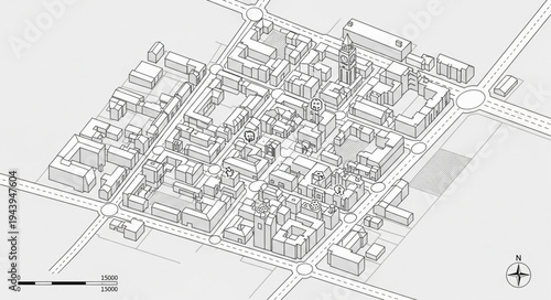 Detailed Architectural Drawing of a Dense Urban Cityscape.