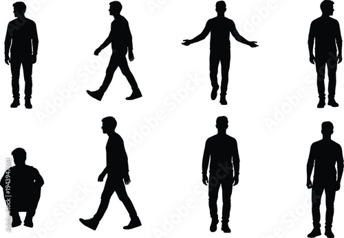 Man in casual outfit various walking standing squatting poses side front view, dynamic male silhouette sequence, black vector illustration for animation design