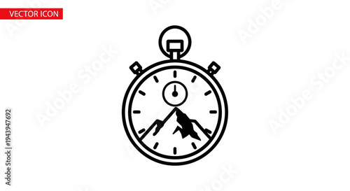 Peak Performance Achievement and Time Management Concept with Mountain Summit Inside Stopwatch Icon
