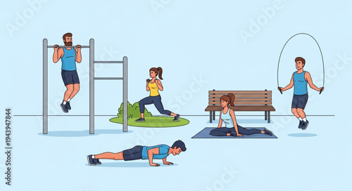 People doing outdoor fitness exercises.