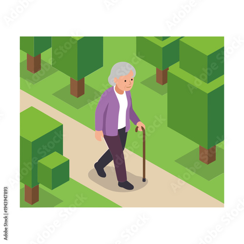 Elderly woman walking alone on a path through a park with trees