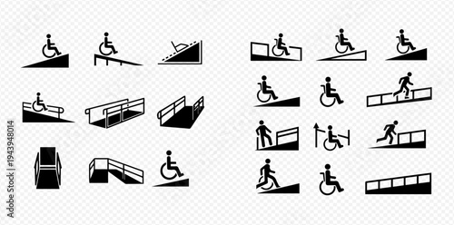 Set of wheelchair ramp and accessibility icons for people with disabilities.