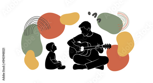 Man playing guitar with young boy.