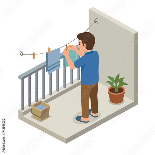 Man hanging laundry on a clothesline on a balcony with a plant