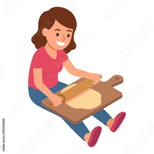 Woman rolling dough on a wooden board in a kitchen setting