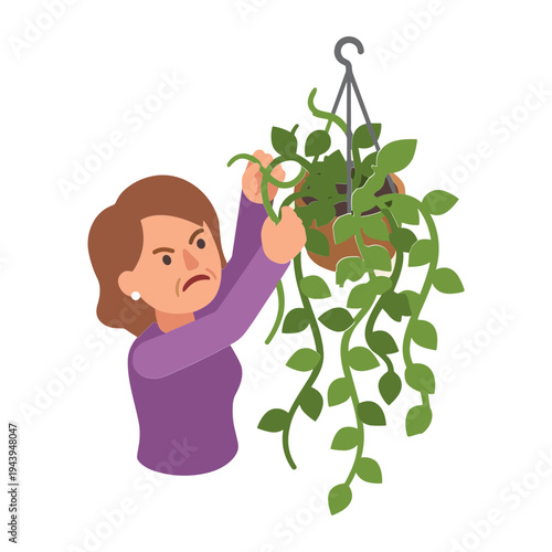 Woman examines and waters hanging plant with concern indoors