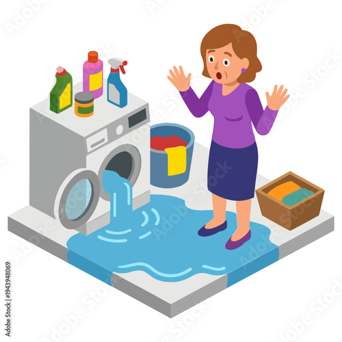 Woman reacts to leaking washing machine in flooded laundry room with clothes and detergent