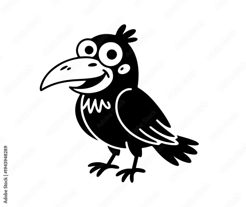 Naklejka premium raven, crow bird in cute animal doodle cartoon, children mascot drawing, outline, 