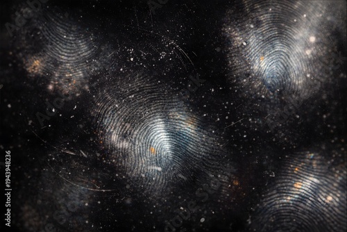 Dusty fingerprint patterns on dark textured surface with dramatic lighting, forensic and investigative concept background for crime, security, and mystery themed designs.